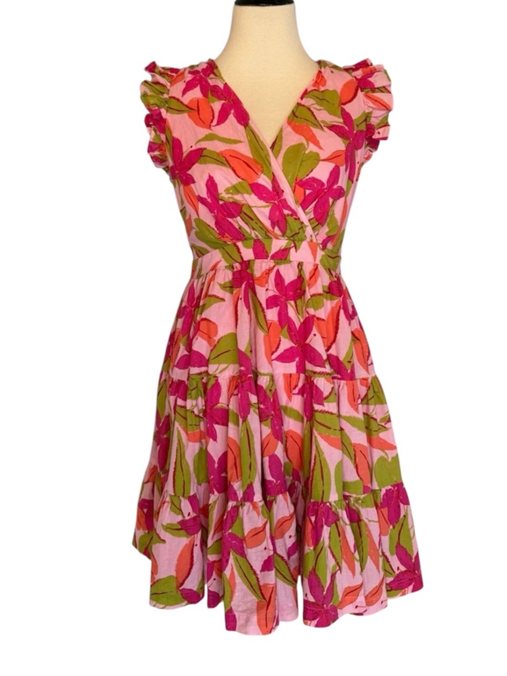 Taylor Floral Dress Size‎ S Pink Green Cotton Lined Ruffle Sleeve Flowy